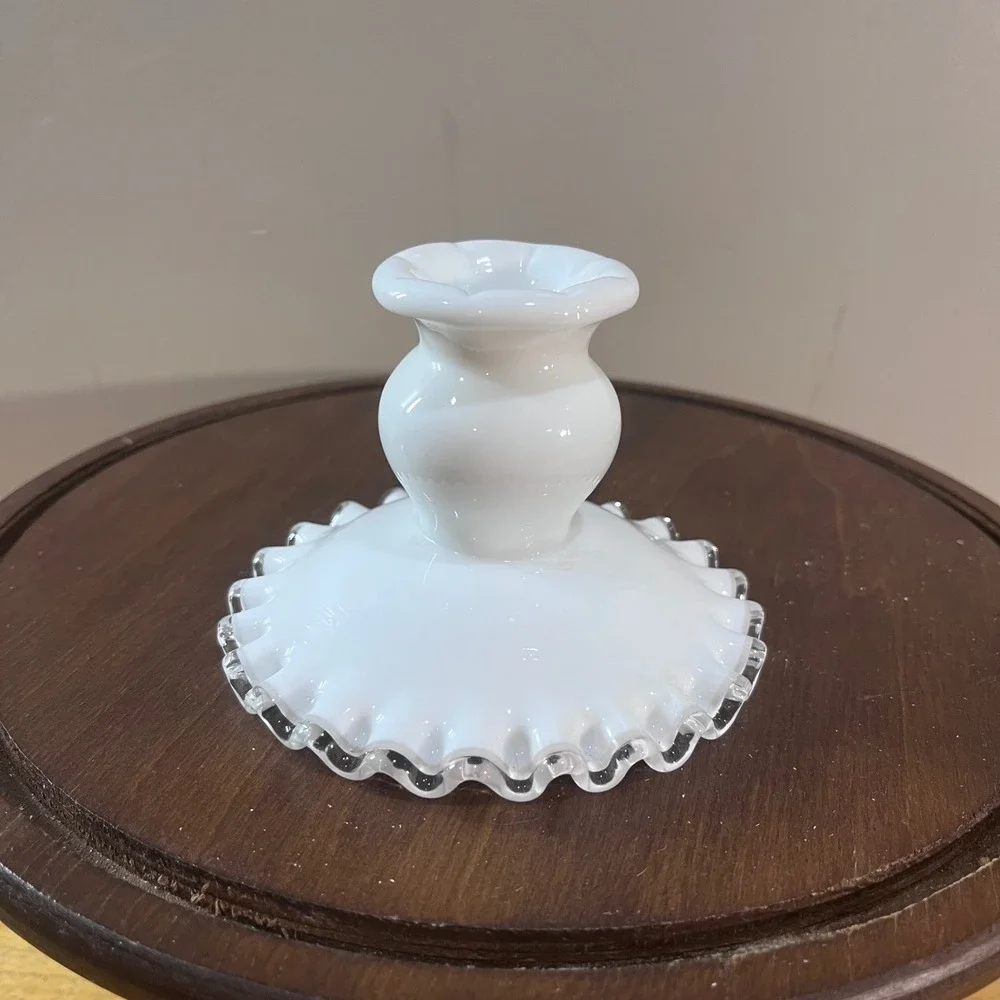 Vtg Fenton Milk Glass Silver Crest Ruffled Edge Candlestick Holder White